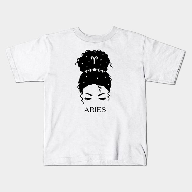 Messy Bun Celestial Queen: Aries Zodiac Sign Kids T-Shirt by The Cosmic Pharmacist